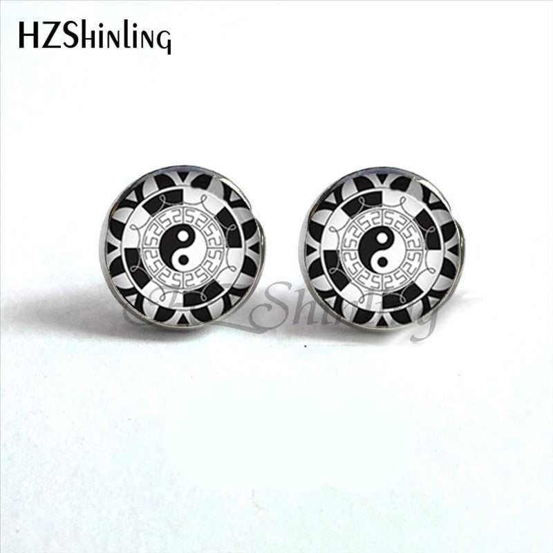 NES-00100  Yin Yang  Earrings Ying Yang  Ear Stud Magic Sign Zen Earrings Glass Cabochon Earrings HZ4