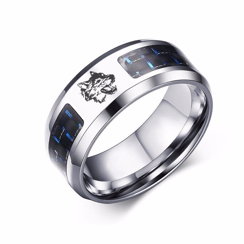 Laser Engraved Wolf Men Ring for Men Stainless Steel Blue Carbon Fibre 8mm Wedding Band