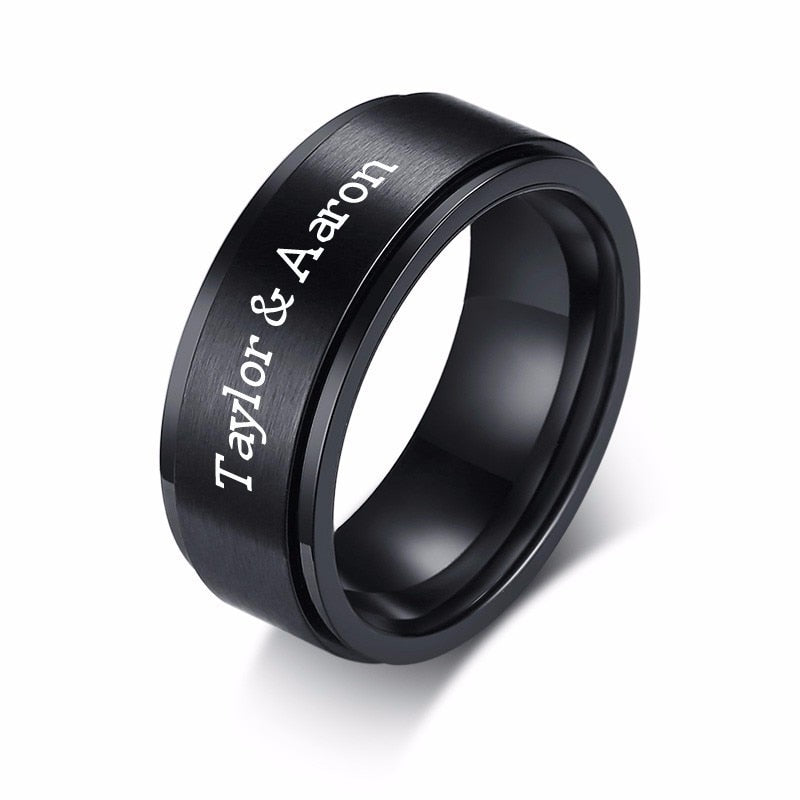 8MM Men's Top-Engraved Spinner Ring in Black and White Stainless Steel Men Wedding Band Male Jewelry Personalized