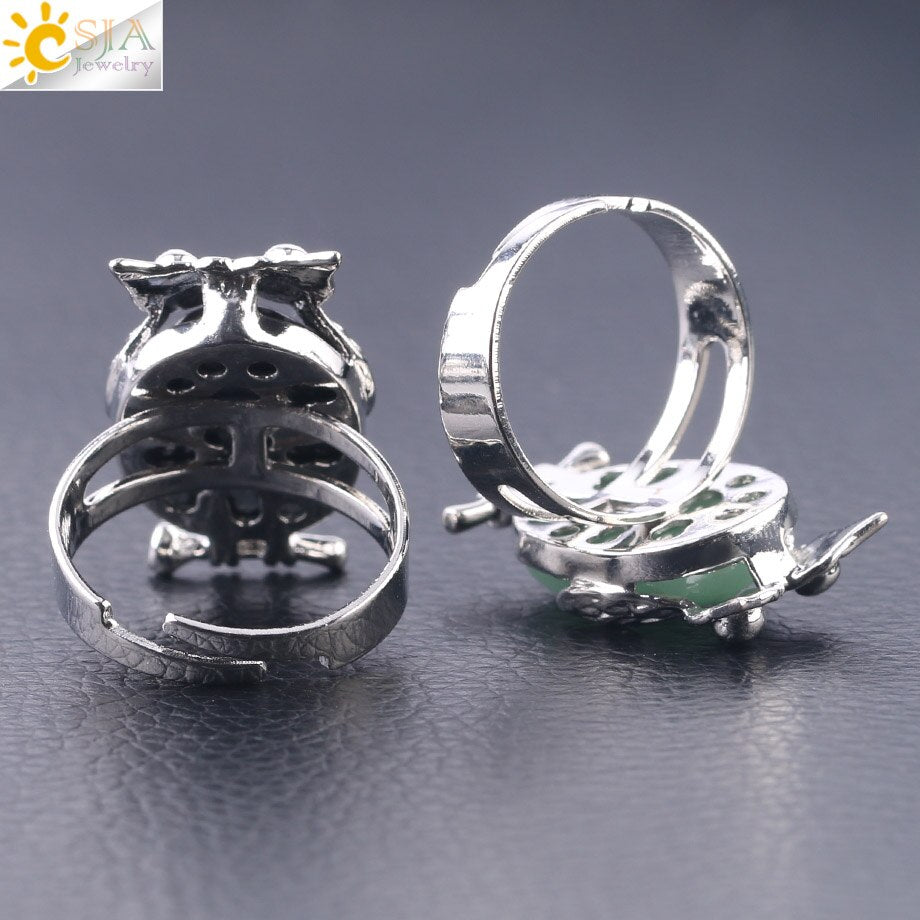 CSJA Lovely Owl Women Finger Ring Natural Stone Cabochon Bead Adjustable Rings Silver-color Cute Animal Charm Party Jewelry F566