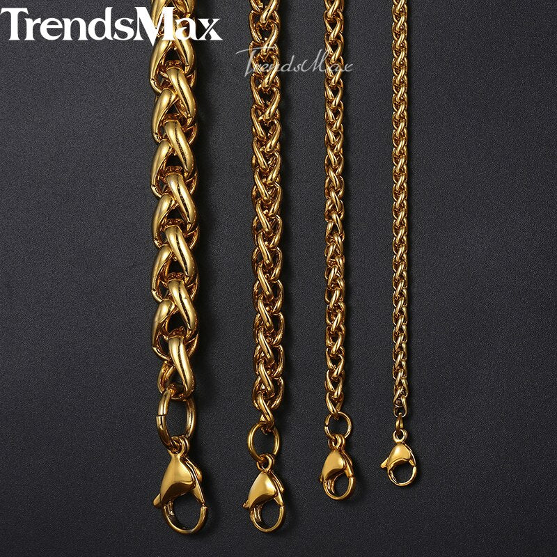 Length 3-10mm Men&#39;s Necklace Stainless Steel Gold Color Round Spiga Wheat Chain Hip Hop Jewelry Necklace For Men KNM136