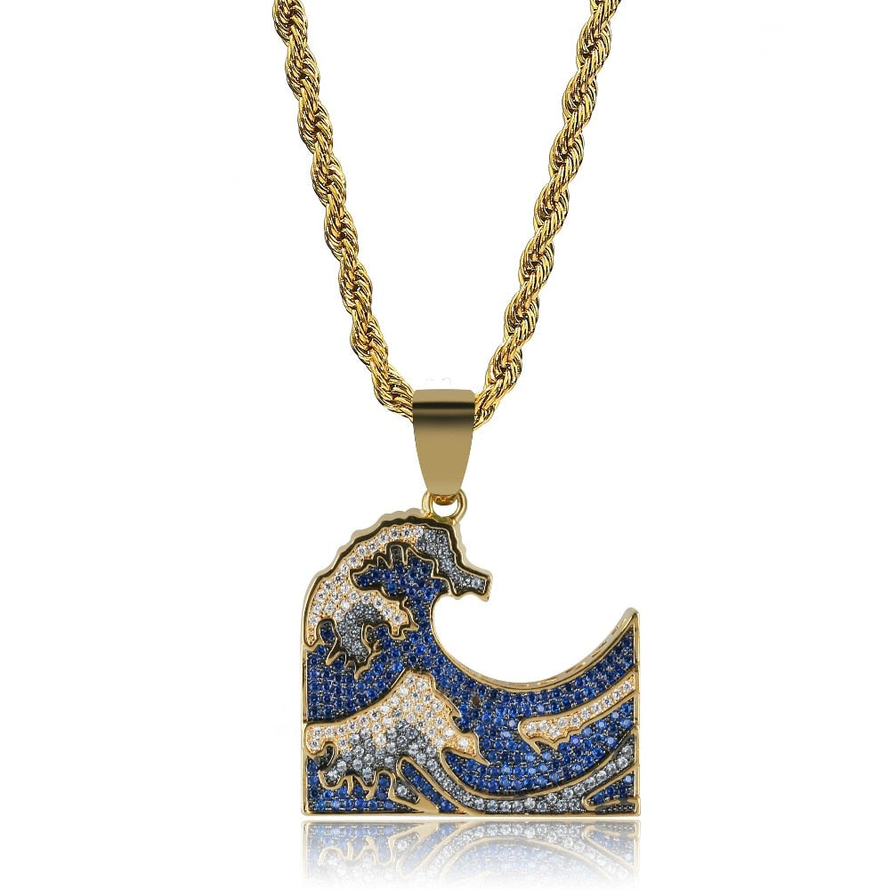 The Great Wave off Kanagawa Iced Out Pendant Necklace Mens/Women Colorful Zirconia Hip Hop Gold Color Charm Chains Jewelry Gift