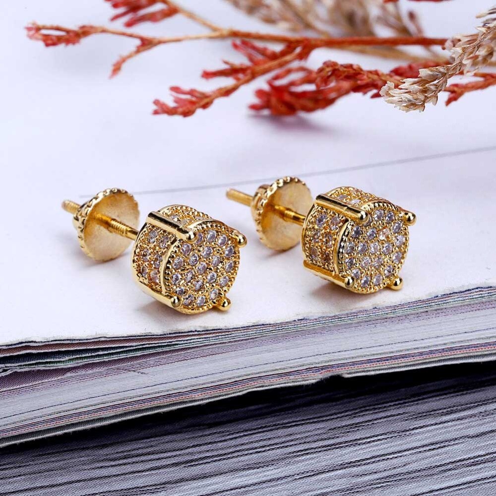 TOPGRILLZ Hip Hop Rock Jewelry Earring Gold Color Iced Out Micro Pave CZ Stone Lab Stud Earrings With Screw Back Gor Men Women