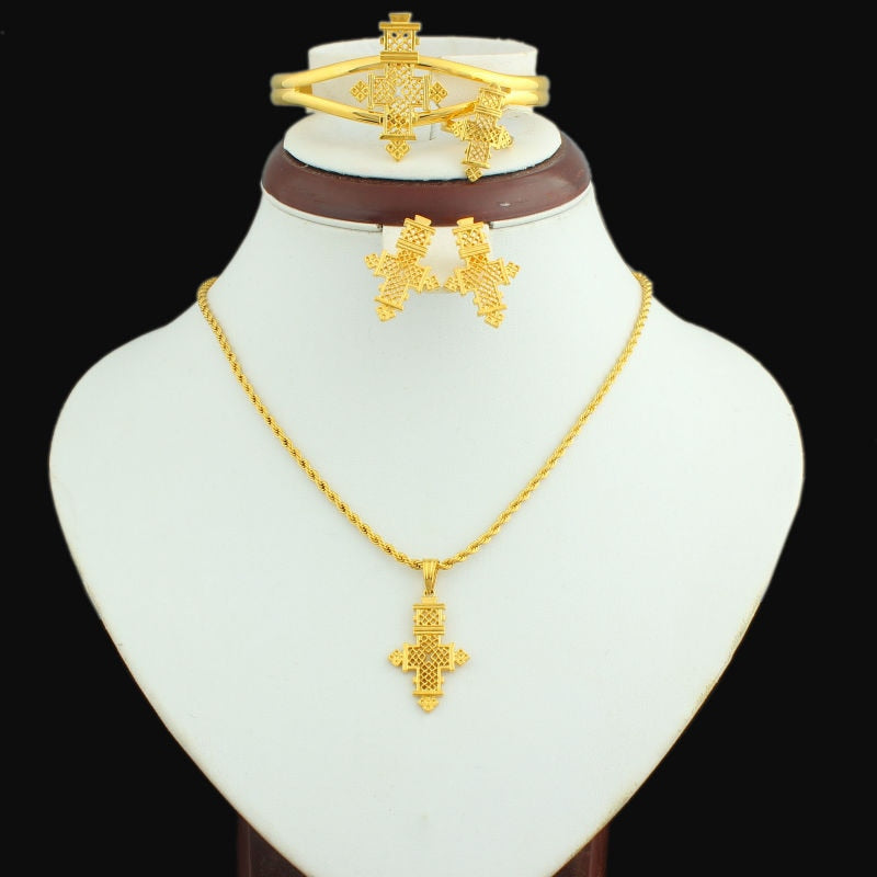 HOT Ethiopian Jewelry sets 24K Gold Color Coptic Crosses Sets Kenya/ Nigeria/Sudan/Eritrea/ Habasha Wedding Jewelry