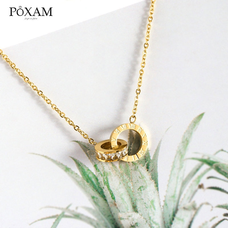 POXAM Luxury Elegant Crystal Choker Fashion Roman Digital Stainless Steel Gold Silver Color Pendant Necklaces for Women Jewelry