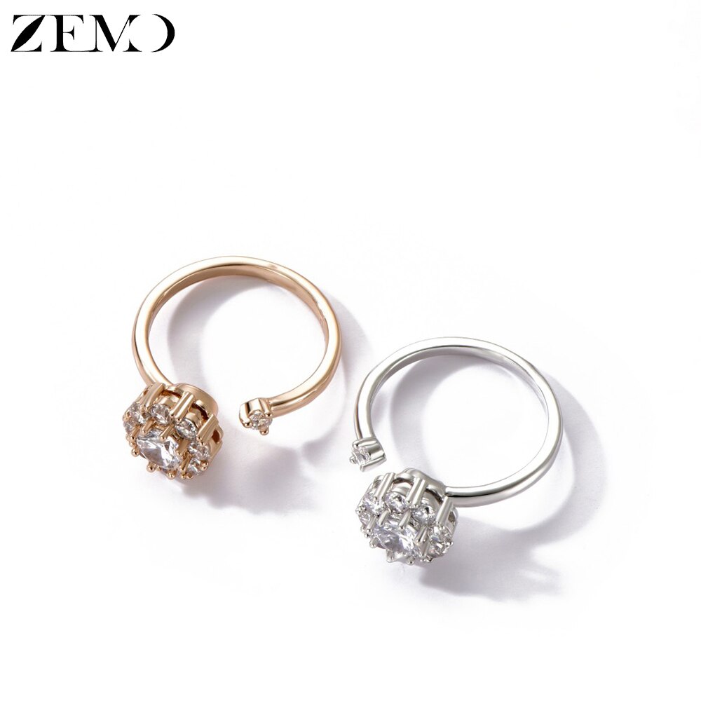 ZEMO Flower Rotate Rings for Women Crystal Rotating Finger Rings Adjustable Rose Gold Wedding Rings for Women Resizeable Anillos