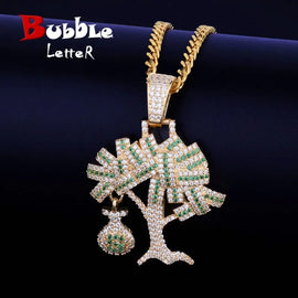 US Dollar MoneyTree Pendant Necklace &amp; Pendant Gold Color Cubic Zircon Men&#39;s Hip Hop Jewelry