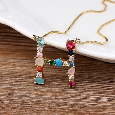 New Arrival Hot Sale Personal Name Letter Necklace Rainbow CZ Initials Alphabet Women Girls Gorgeous Family Jewelry Gift