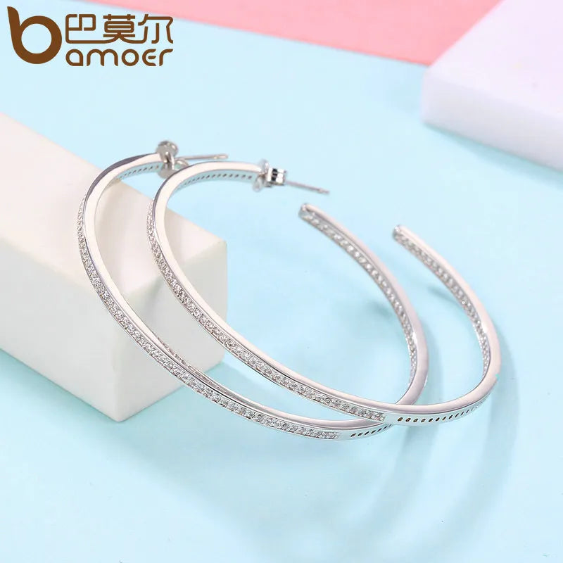 BAMOER New Collection Silver Color Luminous Clear CZ Circle Hoop Earrings for Women Fashion Earrings Jewelry Gift YIE115