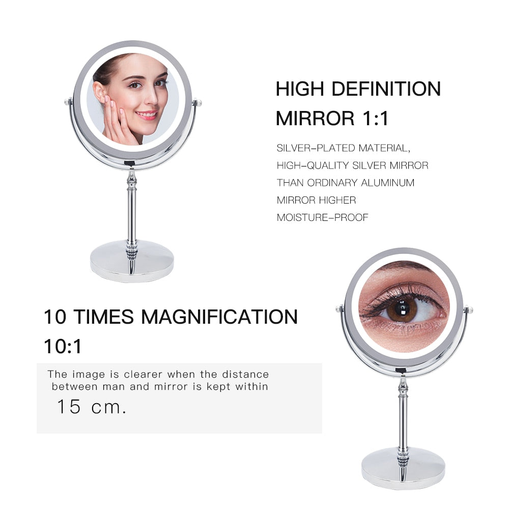 10X Magnifying Makeup Mirror With Light LED Cosmetic Mirrors Round Shape Desktop Vanity Mirror Double Sided Backlit Mirrors