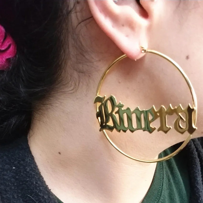 Customized Large Earrings for Women - Personalize with Any Name, Crafted in Old English Font from Stainless Steel. These Round Circle Pendientes Mujer make a Perfect Gift.