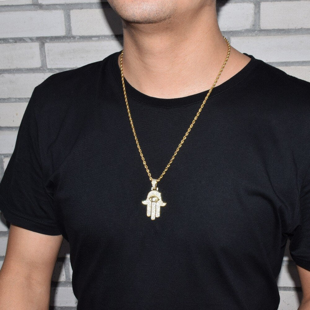 Iced Hand Pendant Necklace Gold Color Cubic Zircon Men&#39;s Hip Hop Jewelry