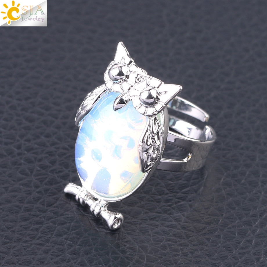 CSJA Lovely Owl Women Finger Ring Natural Stone Cabochon Bead Adjustable Rings Silver-color Cute Animal Charm Party Jewelry F566