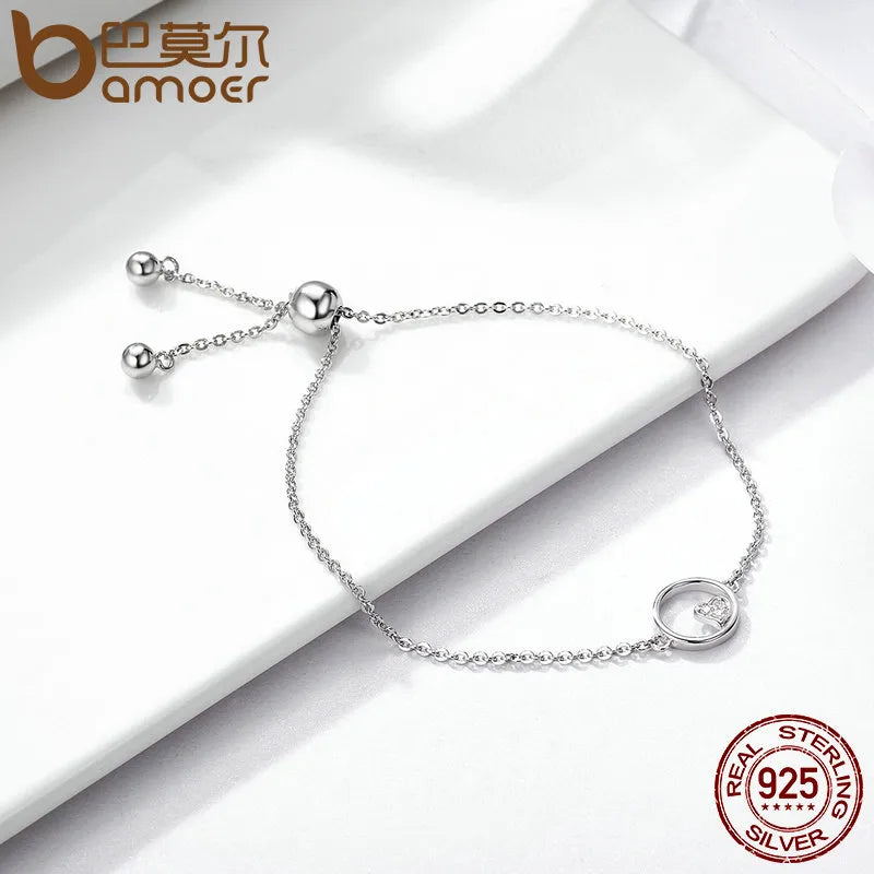 BAMOER Genuine 925 Sterling Silver Sweetheart Heart In Circle Chain Bracelets For Women Luxury Authentic Silver Jewelry SCB020