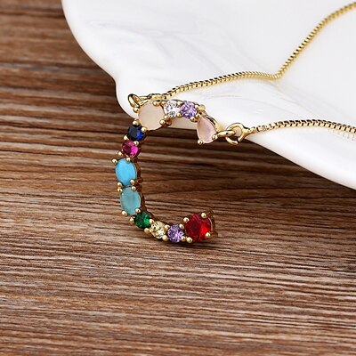 New Arrival Hot Sale Personal Name Letter Necklace Rainbow CZ Initials Alphabet Women Girls Gorgeous Family Jewelry Gift