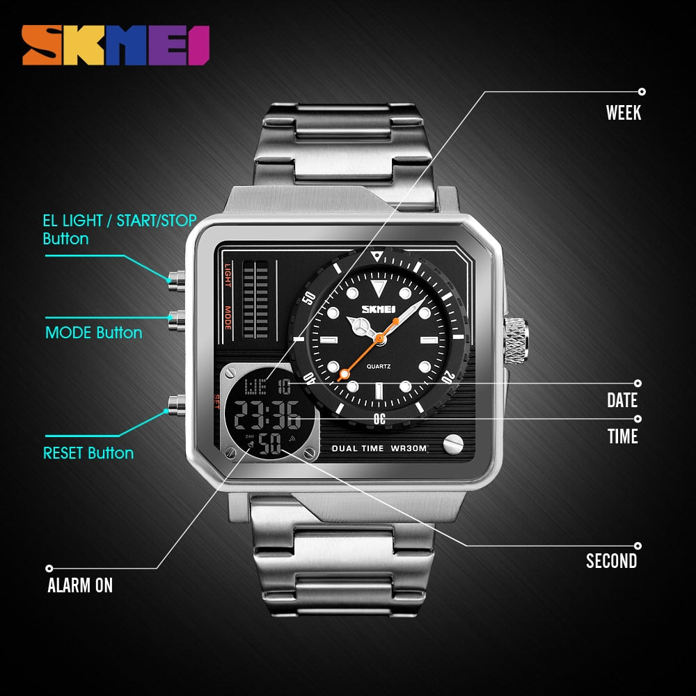 SKMEI Digital/Quartz Watch Men Stainless Steel Strap Wristwatches Double Time Display Male Clock Watches Relogio Masculino 1392