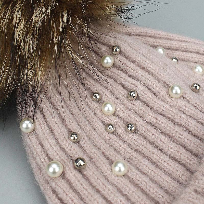 New Wool Beanies Women Real Natural Fur Pom Poms Fashion Pearl Knitted Hat Girls Female Beanie Cap Pompom Winter Hats for Women