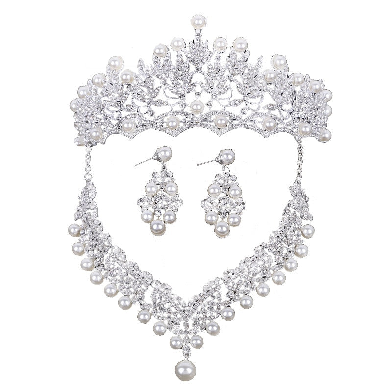 Fashion Crystal Pearl Costume Jewelry Sets Rhinestone Statement Necklace Earrings Crown Tiaras Set Women Wedding Jewelry Sets