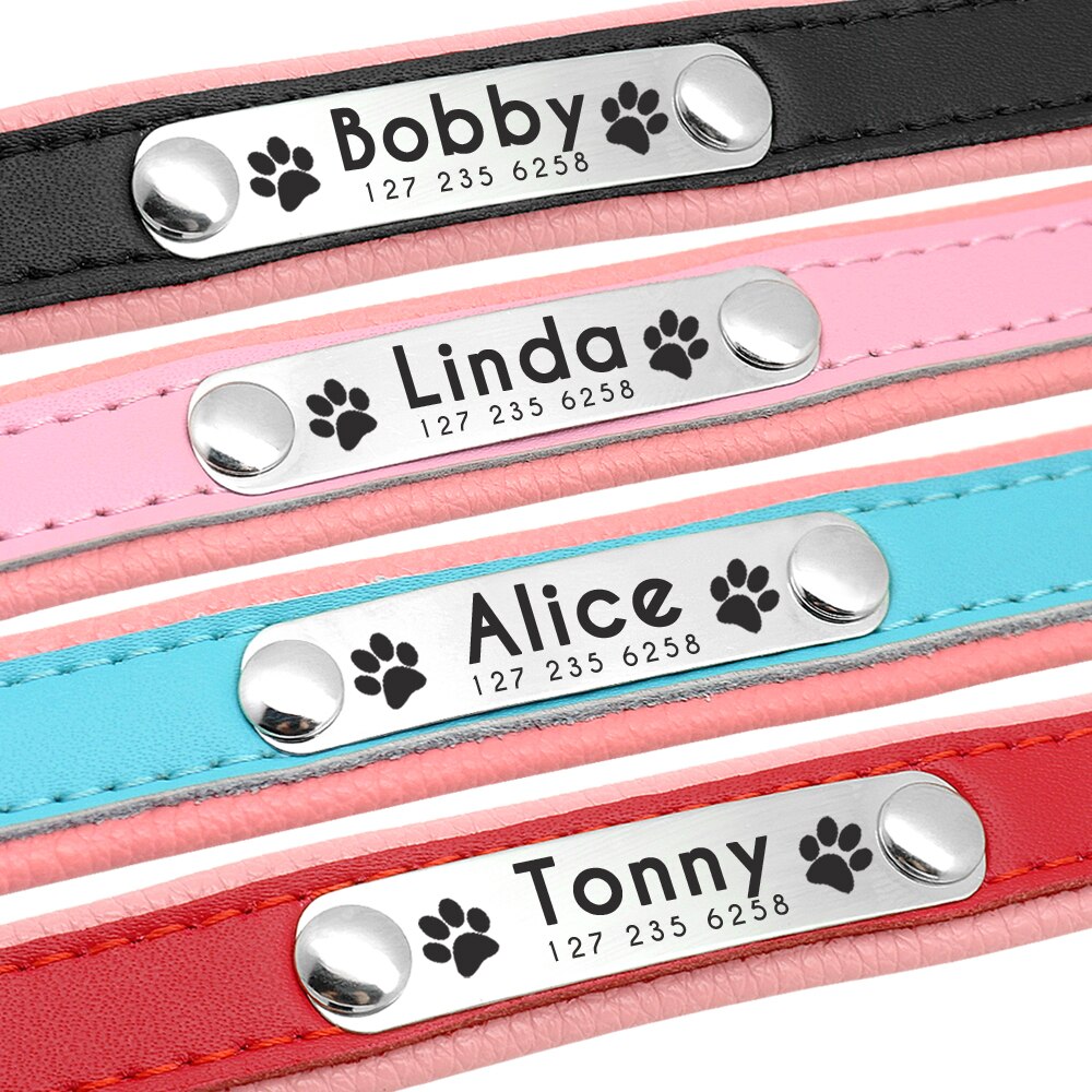 Personalized Dog Collars Leather Padded Customized Dogs Collars Name ID Collar For Small Medium Dogs Cats Blue Pink Black Red