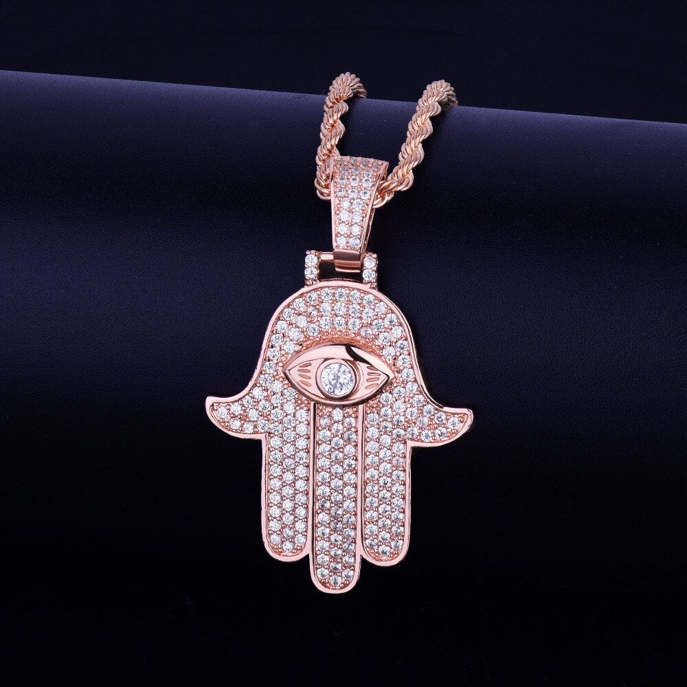 Iced Hand Pendant Necklace Gold Color Cubic Zircon Men&#39;s Hip Hop Jewelry