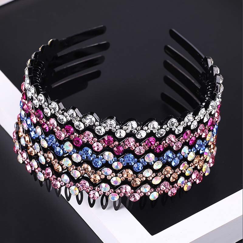 AWAYTR Hairbands Non-slip Bezel Colorful Rhinestone Flower Water Ripple Hair Hoop Headband for Women Hair Band Hair Accessories