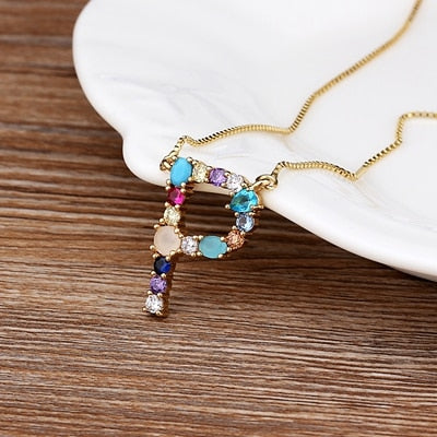 New Arrival Hot Sale Personal Name Letter Necklace Rainbow CZ Initials Alphabet Women Girls Gorgeous Family Jewelry Gift