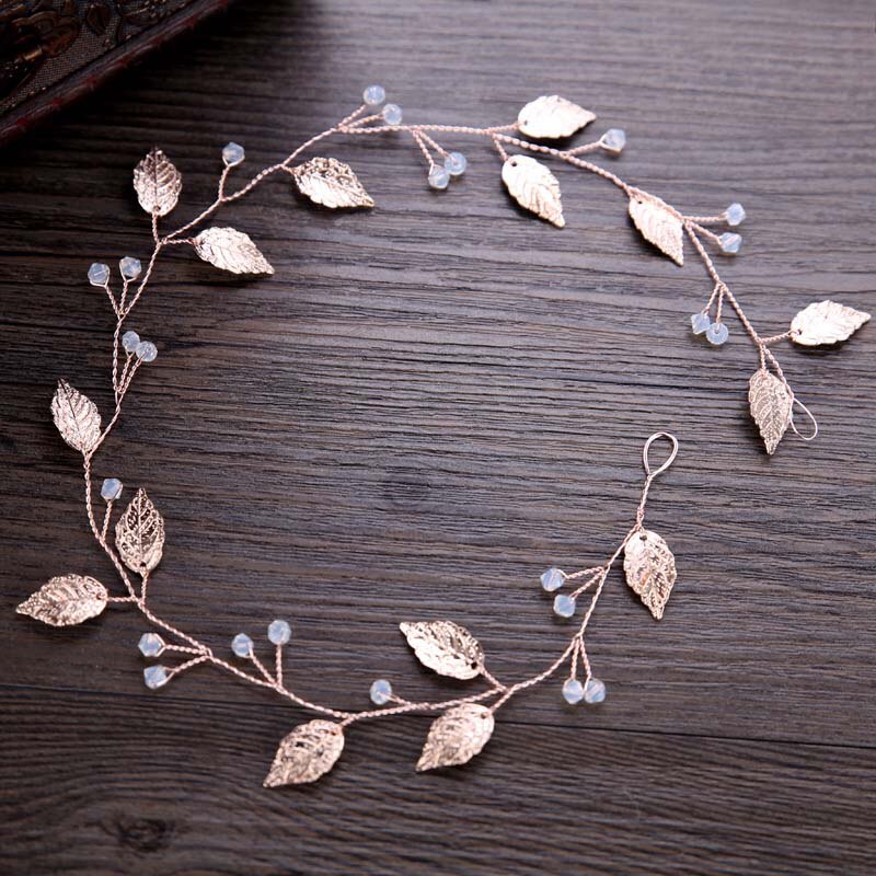 FORSEVEN Rose Gold Leaf Crystal Bride Headband Bridal Headpiece Hair Accessories Women Wedding Tiaras and Crowns Head Jewelry