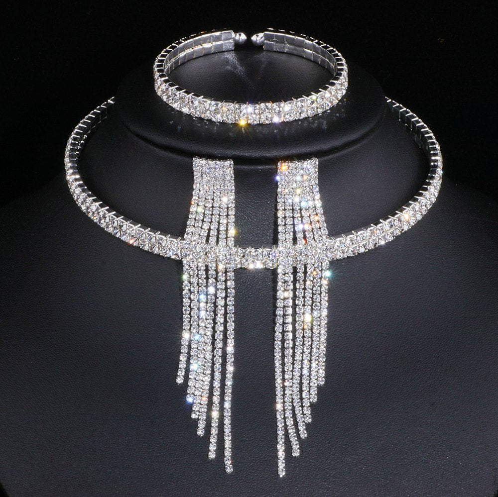 Classic Elegant Tassel Crystal Bridal Jewelry Sets African Rhinestone Wedding Necklace Earrings Bracelet Sets WX081