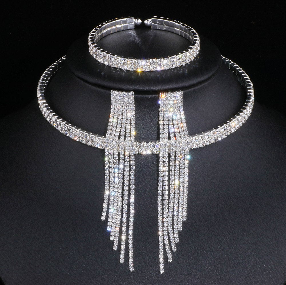 2023 Classic Elegant Tassel Crystal Bridal Jewelry Sets African Rhinestone Wedding Necklace Earrings Bracelet Sets WX081