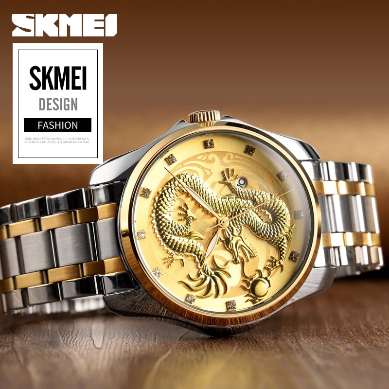 SKMEI New Luxury Chinese Dragon Pattern Men Golden Quartz Watch Male Watches Waterproof Wristwatches Relogio Masculino 9193