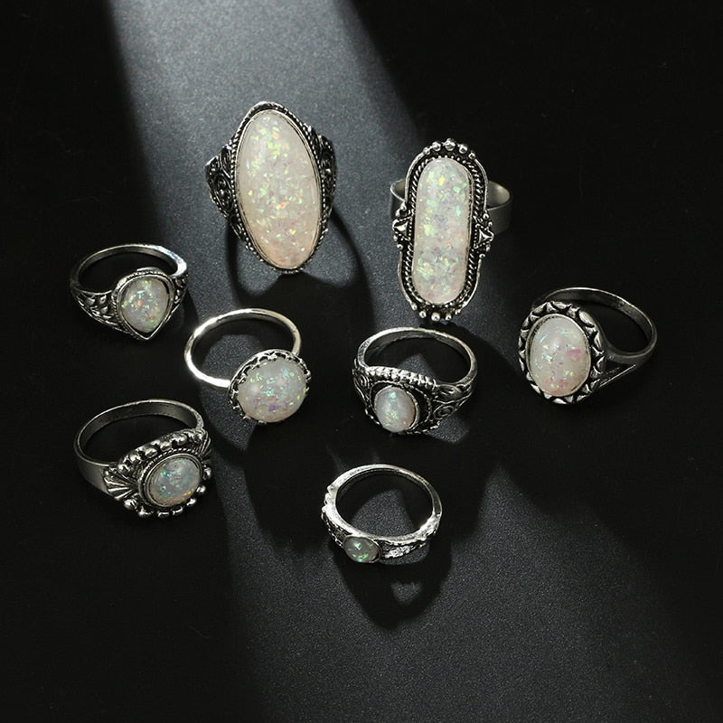 Tocona Vintage Antique Silver Color Rings Sets Colorful Opal Crystal Stone Carve for Women Men Bohemian Jewelry Anillos 6421