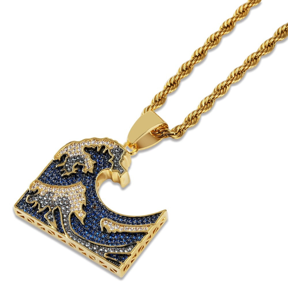 The Great Wave off Kanagawa Iced Out Pendant Necklace Mens/Women Colorful Zirconia Hip Hop Gold Color Charm Chains Jewelry Gift