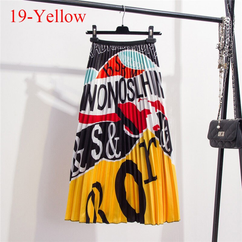 2021 New Printing High Waist Pleated Skirt Women Spring Summer Midi Skirts Womens Elastic Waist A Line Long Skirts For Women Rok