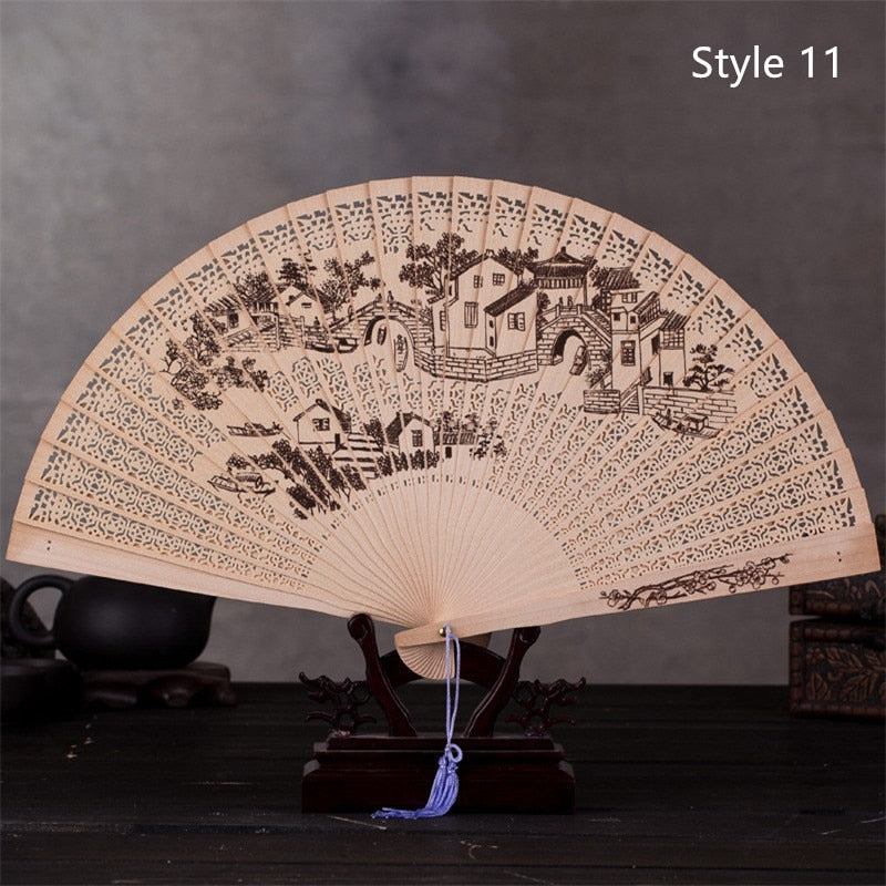 Chinese Japanese Folding Fan Original Wooden Hand Flower Bamboo Classical PrintedFan Ladies Dance Performance and Home Decor