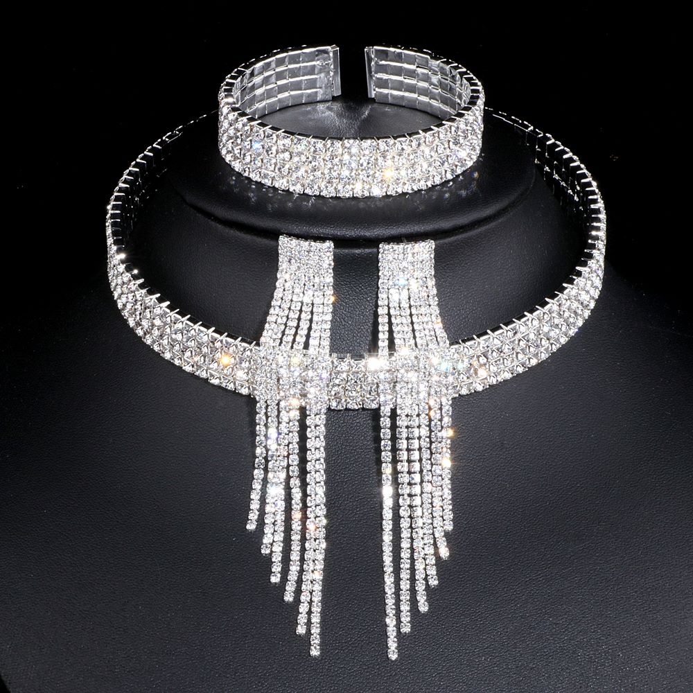 2023 Classic Elegant Tassel Crystal Bridal Jewelry Sets African Rhinestone Wedding Necklace Earrings Bracelet Sets WX081