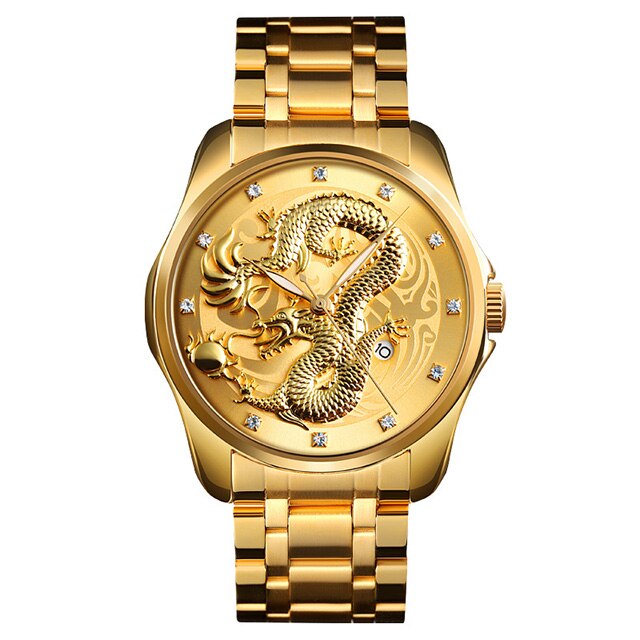 SKMEI New Luxury Chinese Dragon Pattern Men Golden Quartz Watch Male Watches Waterproof Wristwatches Relogio Masculino 9193