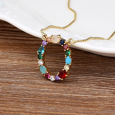 New Arrival Hot Sale Personal Name Letter Necklace Rainbow CZ Initials Alphabet Women Girls Gorgeous Family Jewelry Gift