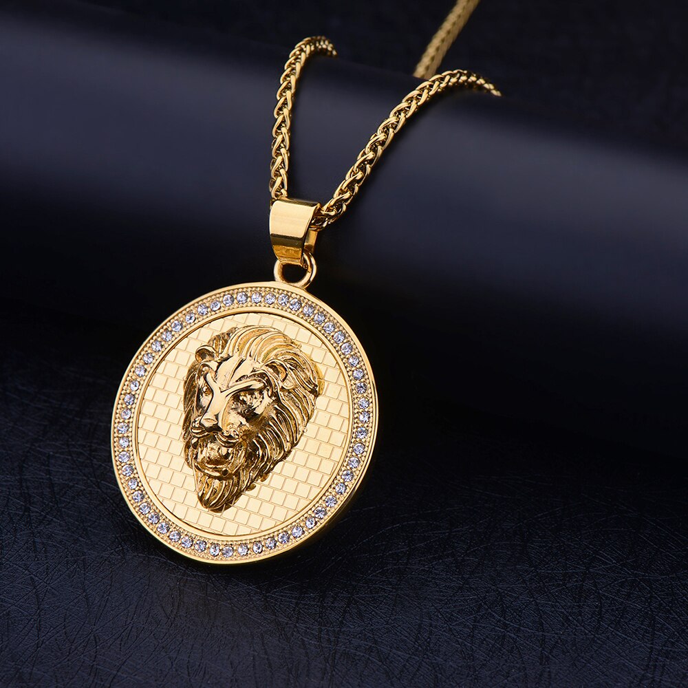 316L Titanium Steel Gold Color Round Lion Head Pendant Necklace with Zircon Fashion Hip Hop Rock Jewelry for Men and Women