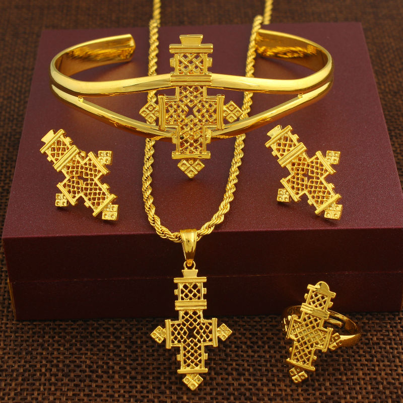 HOT Ethiopian Jewelry sets 24K Gold Color Coptic Crosses Sets Kenya/ Nigeria/Sudan/Eritrea/ Habasha Wedding Jewelry