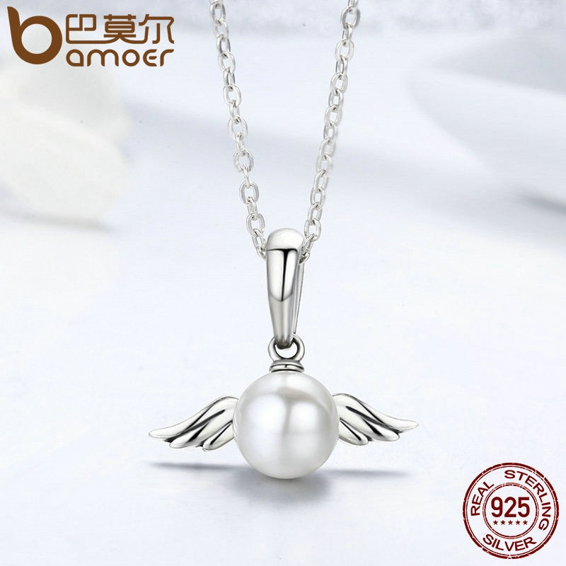 BAMOER Valentine Day 100% 925 Sterling Silver Cute Angel Feather Wing Pendant Necklace for Mom Chain Necklace Jewelry Gift