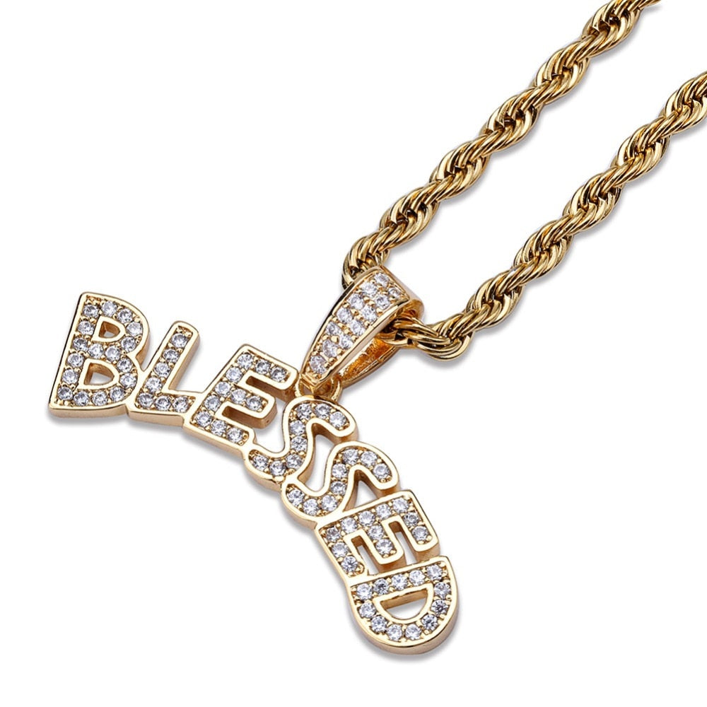 TOPGRILLZ Bubble Letters BLESSED Pendant Necklace Men Women Hip Hop Gold Silver Color Iced Out Cubic Zircon Jewelry Necklace