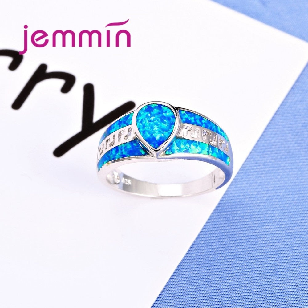 Simple Wide Wedding Hollow Ring Water Drop Crystal Shape Blue Fire Opal Ring Brilliant Jewelry for Women Female