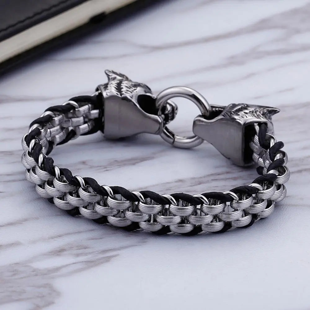 Fongten Vintage Wolf Bracelet Stainless Steel Cowhide Leather Men Fashion Bangle Bracelet Mens Bangle Male Accessoires Jewelry