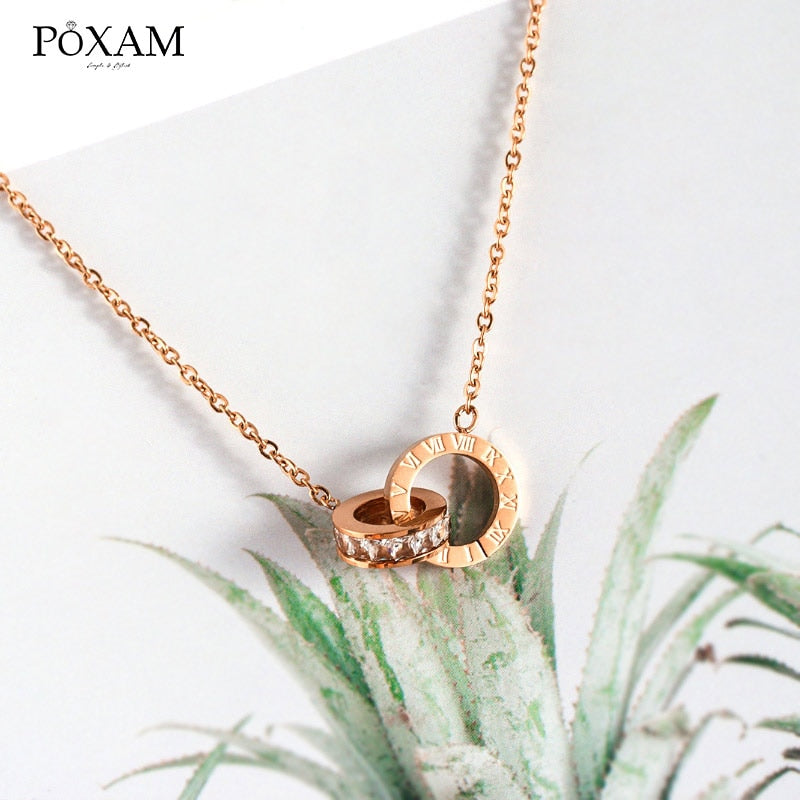 POXAM Luxury Elegant Crystal Choker Fashion Roman Digital Stainless Steel Gold Silver Color Pendant Necklaces for Women Jewelry