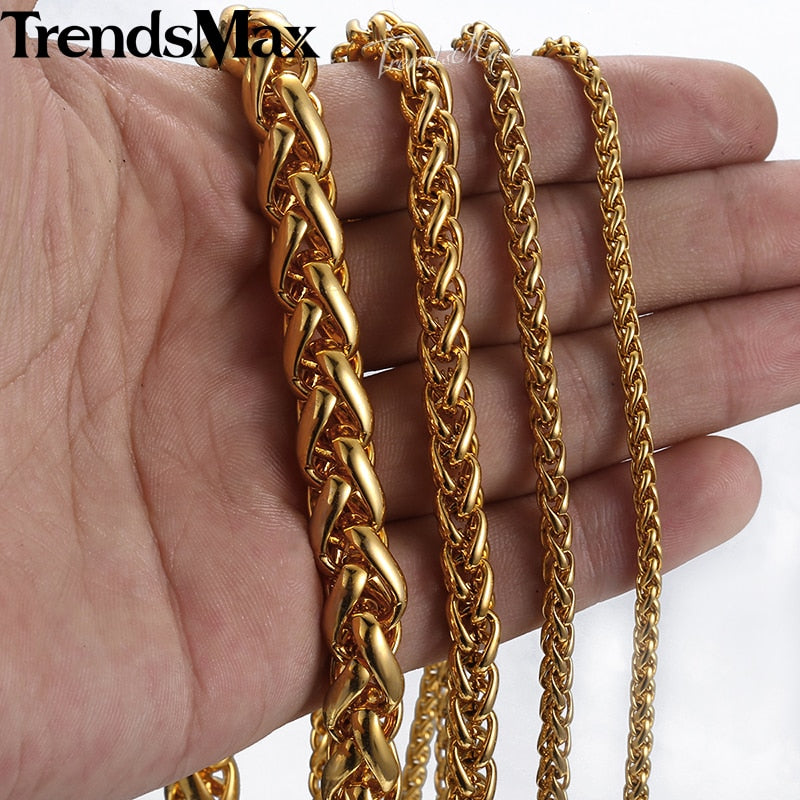 Length 3-10mm Men&#39;s Necklace Stainless Steel Gold Color Round Spiga Wheat Chain Hip Hop Jewelry Necklace For Men KNM136