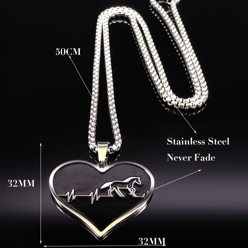 Fashion Horse Stainless Steel Choker Necklace for Men Silver Color Black Heart Necklace Jewelry colgante hombre N1048S01