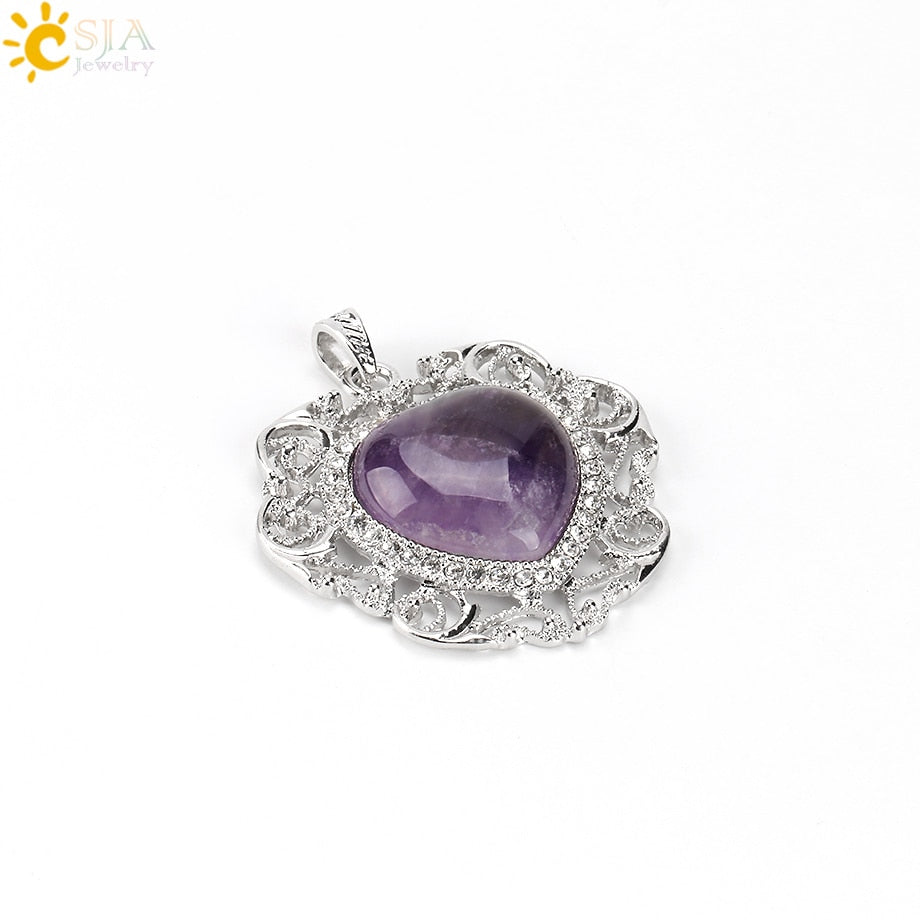CSJA Rhinestone Beads Luxury Pendant Chain Necklace Real Natural Love Pink Purple Crystal Stone Quartz Women Men Jewellery E491
