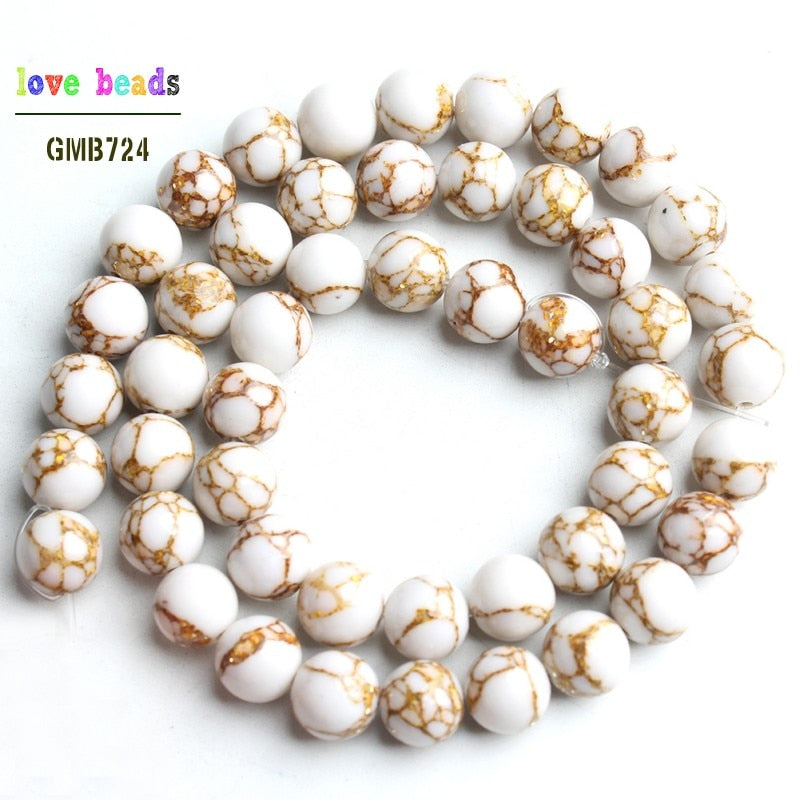 White Howlite Spun Gold plated Loose Stone Round Beads for Jewelry Making DIY Bracelet 15'' strand 4/6/8/10/12mm