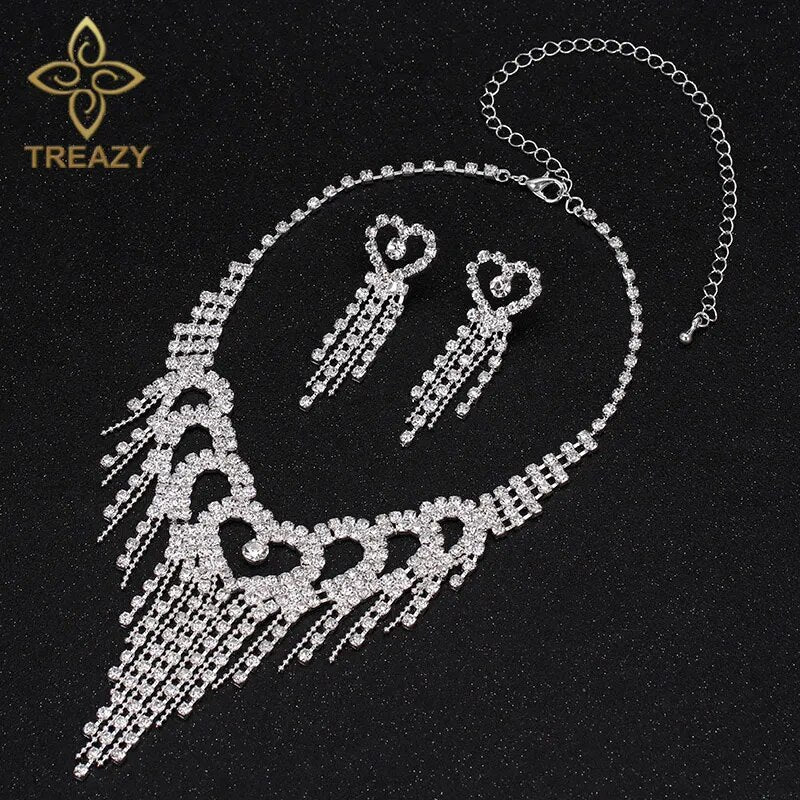 TREAZY Luxury Silver Color Crystal Choker Necklace Earrings Jewelry Set for Women Heart Tassels Bridal Wedding Jewelry Sets