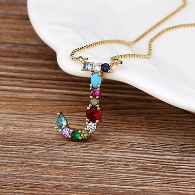 New Arrival Hot Sale Personal Name Letter Necklace Rainbow CZ Initials Alphabet Women Girls Gorgeous Family Jewelry Gift